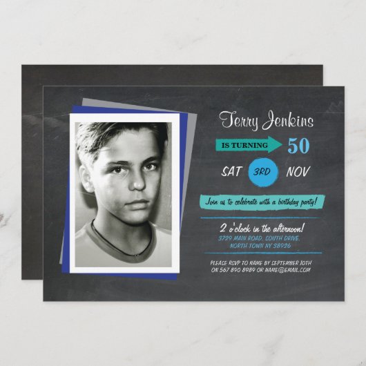 Foto Birthday Blue Chalk Aquamarin Einladung (Vorne/Hinten)