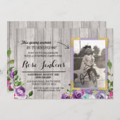Foto Birthday Floral Rustikales Holz Lila Einladun Einladung (Vorne/Hinten)