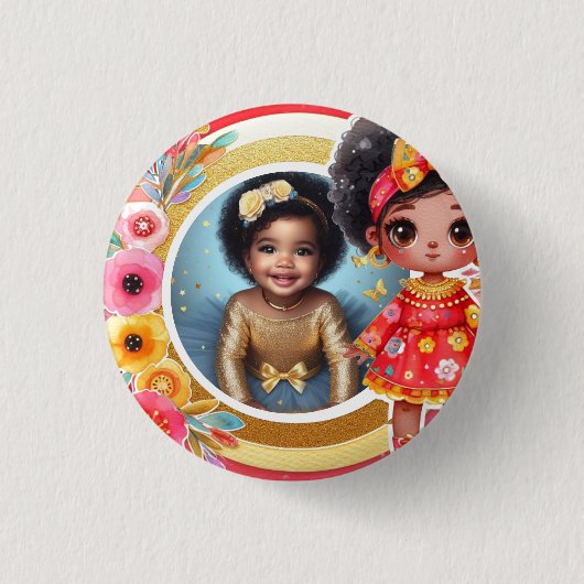 Foto Birthday Little Black Fairy Red Gold Button (Vorderseite)