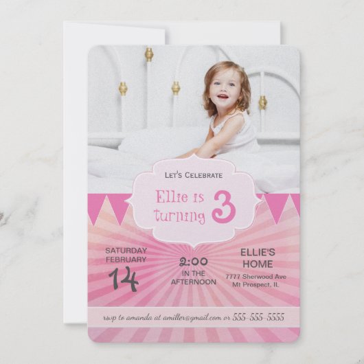 Foto Birthday Party Einladung | Karnevalsrosa (Vorderseite)