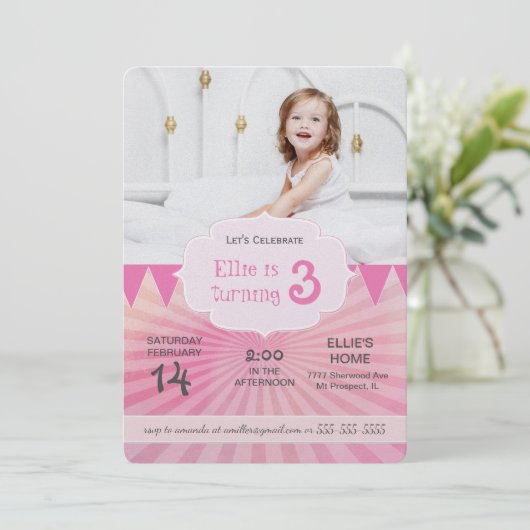 Foto Birthday Party Einladung | Karnevalsrosa (Stehend Vorderseite)