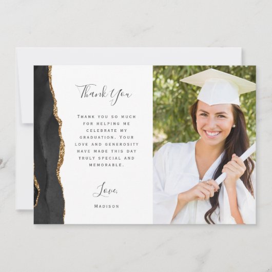 Foto Black Agate Gold Script Abschluss Dankeskarte (Vorderseite)