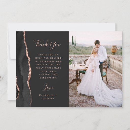 Foto Black Agate Rose Gold Script Hochzeit Dankeskarte (Vorderseite)