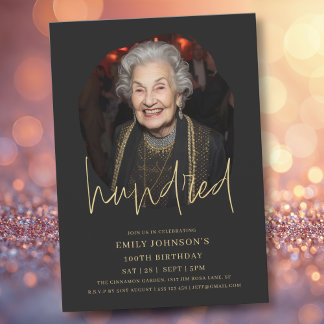 Foto Black and Gold Script 100. Geburtstag Einladung