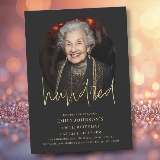 Foto Black and Gold Script 100. Geburtstag Einladung
