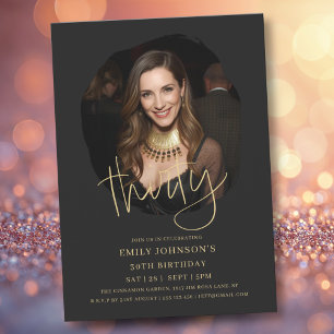 Foto Black and Gold Script 30. Geburtstag Einladung