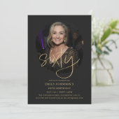 Foto Black and Gold Script 60. Geburtstag Einladung (Stehend Vorderseite)