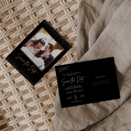 Foto Black and Gold Wedding Save the Date Postkarte