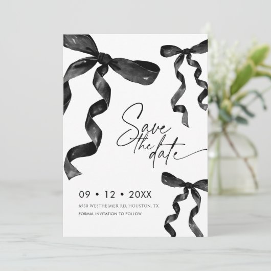 Foto Black Bow Save the Date Einladung (Stehend Vorderseite)