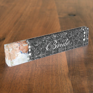 Foto Black Damask Bride Love Bird Wedding Namensplakette