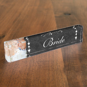 Foto Black Damask Bride Love Bird Wedding Namensplakette