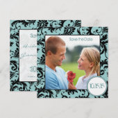 Foto Black Damask on Aqua Wedding Save the Date Einladung (Vorne/Hinten)