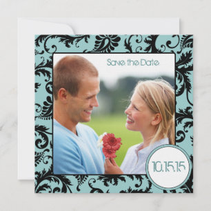 Foto Black Damask on Aqua Wedding Save the Date Einladung