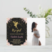 Foto Black Fairy Floral Baby Dusche Einladungen (Stehend Vorderseite)