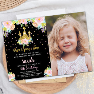 Foto Black Floral Glitzer Princess Birthday Einladung