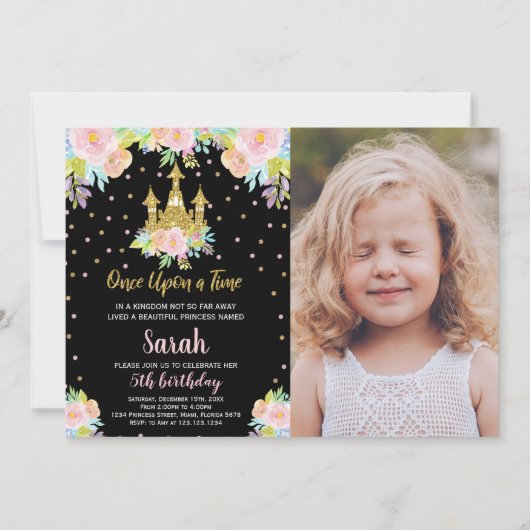 Foto Black Floral Glitzer Princess Birthday Einladung (Vorderseite)