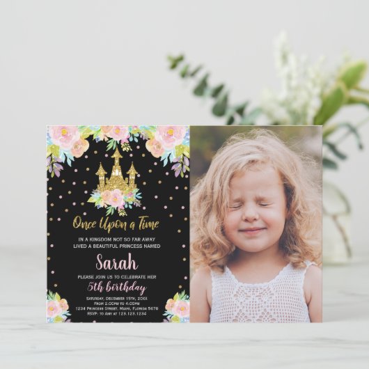 Foto Black Floral Glitzer Princess Birthday Einladung (Stehend Vorderseite)