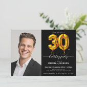 Foto Black Gold Ballon 30. Geburtstag Einladung (Stehend Vorderseite)