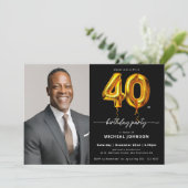 Foto Black Gold Ballon 40. Geburtstag Einladung (Stehend Vorderseite)