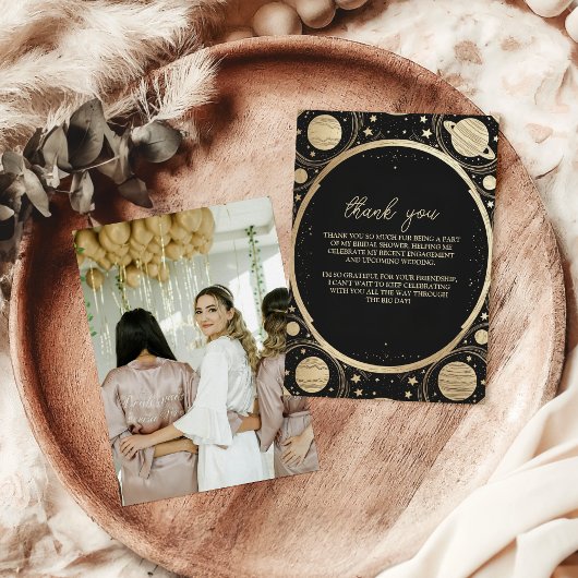 Foto Black Gold Celestial Crescent Moon Bridal Dankeskarte