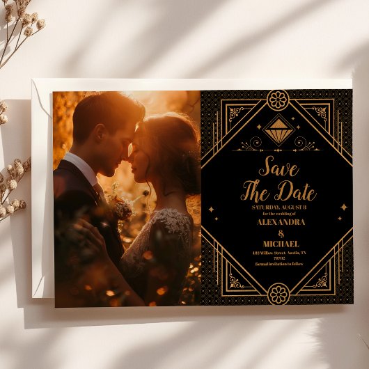 Foto Black Gold Geometric Art Deco Hochzeit Save The Date