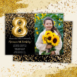 Foto Black Gold Kids 8. Geburtstagsparty Einladung<br><div class="desc">Foto elegante Schwarz und Gold 8. Geburtstagsfeier Einladung für ein 8-jähriges Mädchen mit elegantem Drehbuch Gold Schriftart Design und lustigen Folienballons.</div>