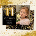 Foto Black Gold Kids Girl 11. Geburtstagsparty Einladung<br><div class="desc">Foto elegante Schwarz und Gold 11. Geburtstagsfeier Einladung für ein 11-jähriges Mädchen mit elegantem Drehbuch Gold Schriftart Design und lustige Folie Ballons.</div>