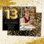 Foto Black Gold Kids Girl 13. Geburtstagsparty Einladung<br><div class="desc">Foto elegante Schwarz und Gold 13. Geburtstagsfeier Einladung für ein 13-jähriges Mädchen mit elegantem Drehbuch,  das goldenes Schriftart-Design und lustige Folienballons schreibt.</div>