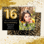 Foto Black Gold Kids Girl 16. Geburtstagsparty Einladung<br><div class="desc">Foto elegante Schwarz und Gold 16. Geburtstagsfeier Einladung für ein 16-jähriges Mädchen mit elegantem Drehbuch,  goldfarbenen Schriftart und lustigen Folienballons.</div>