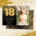 Foto Black Gold Kids Girl 18. Geburtstagsparty Einladung<br><div class="desc">Foto elegante Schwarz und Gold 18. Geburtstagsfeier Einladung für ein 18-jähriges Mädchen mit elegantem Drehbuch,  goldfarbenen Schriftart und lustigen Folienballons.</div>