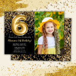Foto Black Gold Kids Girl 6. Geburtstagsparty Einladung<br><div class="desc">Foto Elegante Schwarz und Gold 6. Geburtstagsfeier Einladung für ein 6-jähriges Mädchen mit elegantem Drehbuch,  goldenes Schriftart-Design und lustige Folienballons.</div>