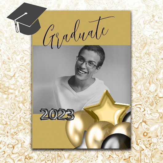 Foto Black Gold Script Calligraphy Balloon Einladung