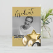 Foto Black Gold Script Calligraphy Balloon Einladung (Stehend Vorderseite)