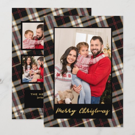 Foto Black Gray Kariert Gold Script Weihnachten (Vorne/Hinten)