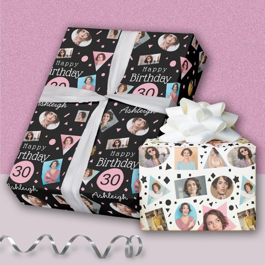 Foto Black Pink Confetti Name 30. Geburtstag Geschenkpapier
