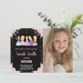 Foto Black Pink Floral Glitzer Princess Einladung (Stehend Vorderseite)