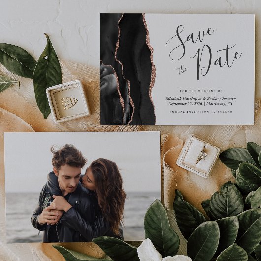 Foto Black Rose Gold Agate Save the Date Karte