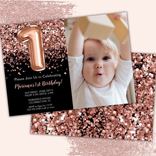 Foto Black Rose Gold Glitzer1. Geburtstag Einladung