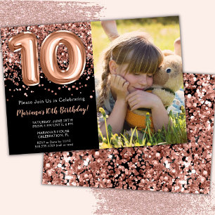 Foto Black Rose Gold Glitzer 10. Geburtstagsparty Einladung