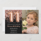 Foto Black Rose Gold Glitzer 11. Geburtstag Einladung (Vorderseite)