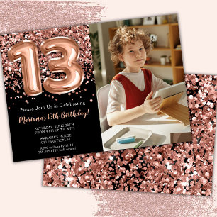 Foto Black Rose Gold Glitzer 13. Geburtstagsparty Einladung