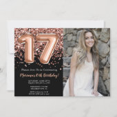 Foto Black Rose Gold Glitzer 17. Geburtstag Einladung (Vorderseite)