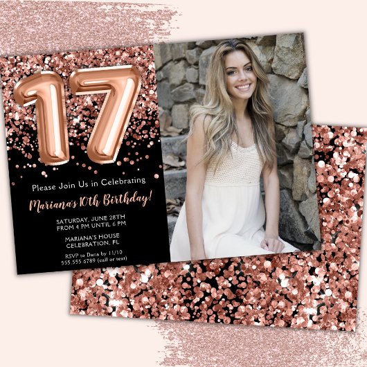 Foto Black Rose Gold Glitzer 17. Geburtstag Einladung