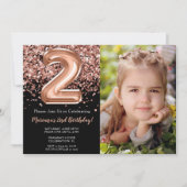 Foto Black Rose Gold Glitzer 2. Geburtstag Einladung (Vorderseite)