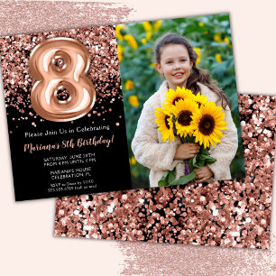 Foto Black Rose Gold Glitzer 8. Geburtstag Einladung