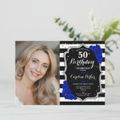 Foto Black Silver Royal Blue 50. Geburtstag Einladung (Stehend Vorderseite)