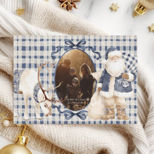 Foto Blau Gingham Santa Familienweihnachten Feiertagskarte