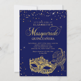 Foto Blau Gold Glitter Masquerade Quinceañera Einladung