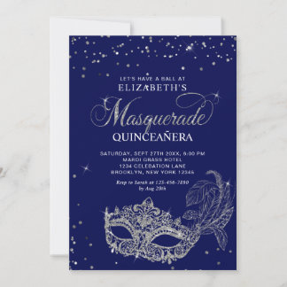 Foto Blau Silber Glitter Masquerade Quinceañera Einladung