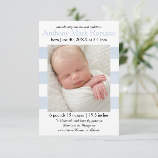 Foto "Blau/Weiß Streifen" - Geburtsankündigung 3x5 Ankündigung (Stehend Vorderseite)